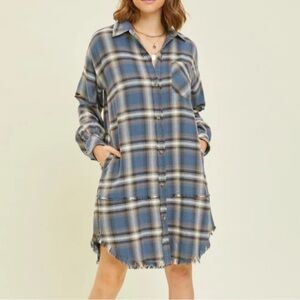 Heyson womens L plaid button down distress cotton midi shirt dress grunge skater